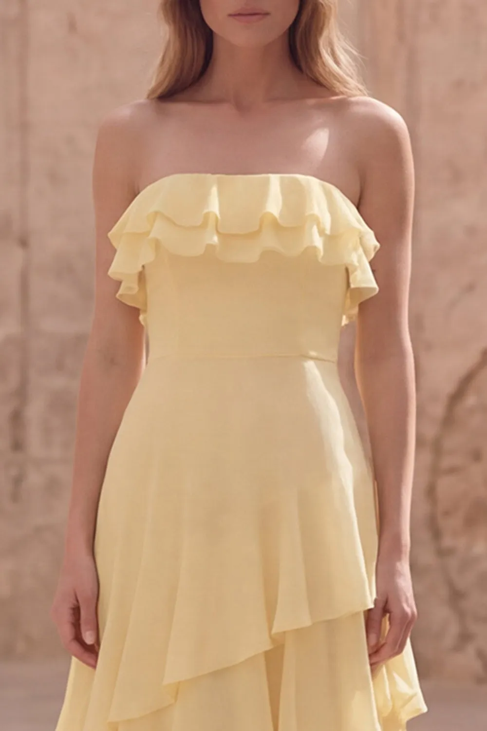 Strapless Yellow A Line Ruffled Long Wedding Guest Dress sold by Zapaka product image thumbnail 4