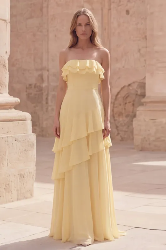 Strapless Yellow A Line Ruffled Long Wedding Guest Dress made by Zapaka