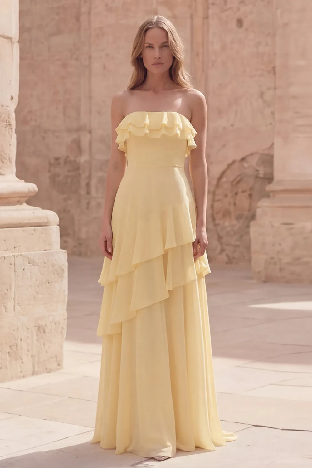 Strapless Yellow A Line Ruffled Long Wedding Guest Dress sold by Zapaka