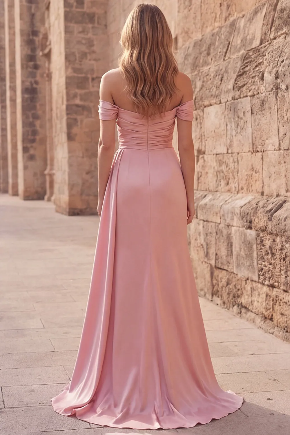 Pink A-Line Off the Shoulder Ruched Satin Long Prom Dress with Slit sold by Zapaka product image thumbnail 2
