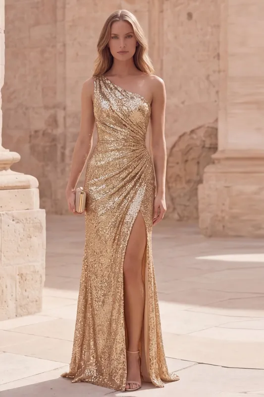 Sparkly Gold Mermaid One Shoulder Ruched Long Prom Dress with Slit made by Zapaka