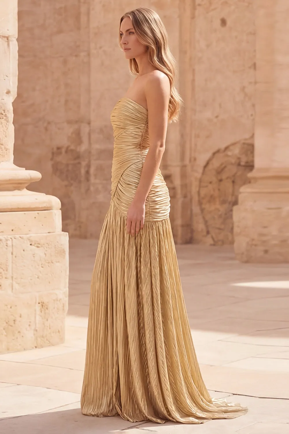 Gold A-Line Strapless Ruched Sleeveless Long Prom Dress sold by Zapaka product image thumbnail 3