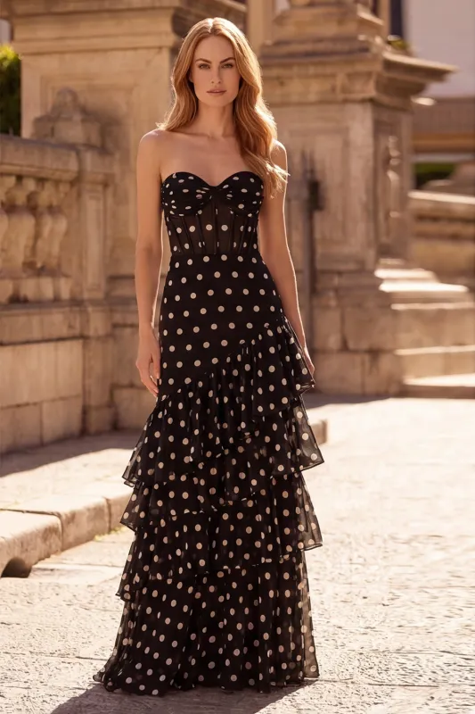Black Polka Dots Sheath Sweetheart Corset Ruffled Tiered Long Prom Dress made by Zapaka