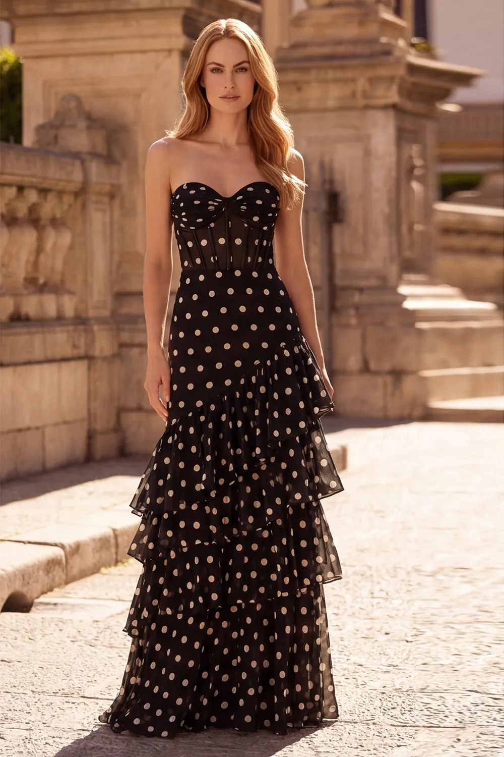 Black Polka Dots Sheath Sweetheart Corset Ruffled Tiered Long Prom Dress sold by Zapaka