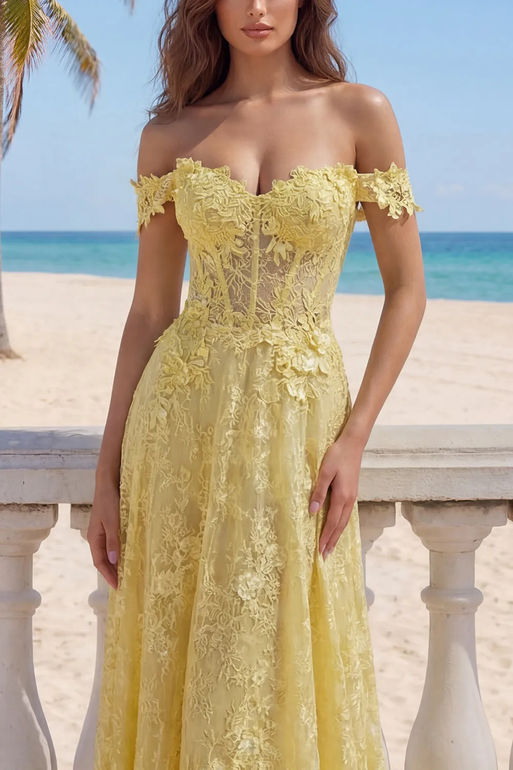 Off the Shoulder Yellow Lace A-Line Corset Appliqued Long Prom Dress sold by Zapaka product image thumbnail 3