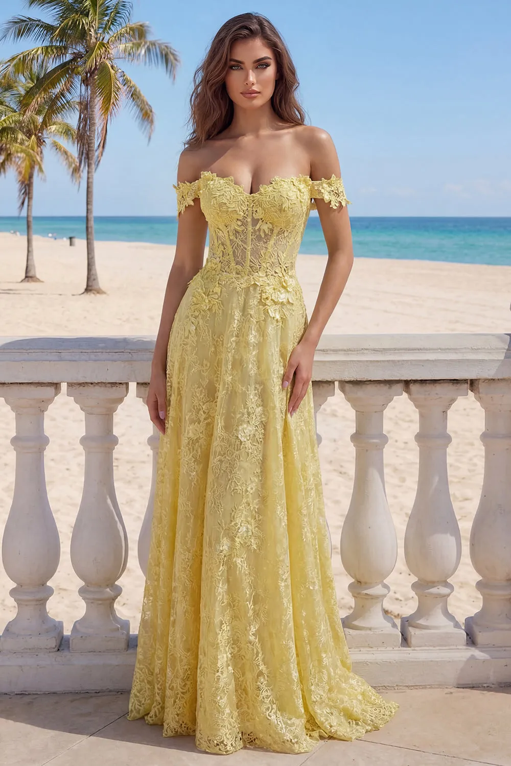 Off the Shoulder Yellow Lace A-Line Corset Appliqued Long Prom Dress sold by Zapaka