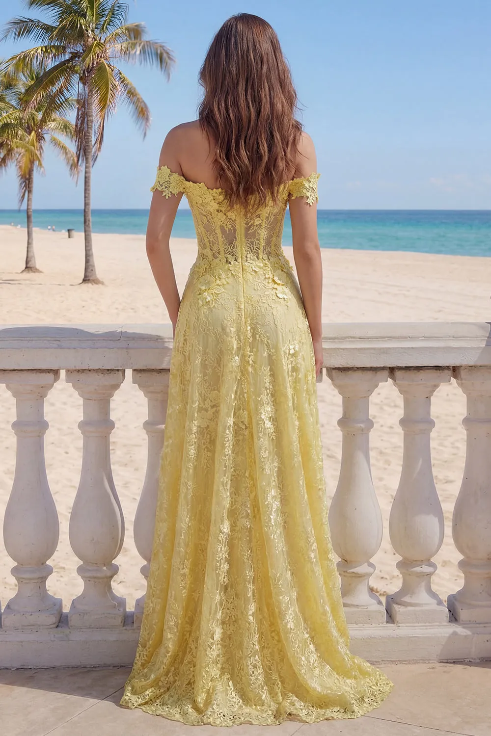 Off the Shoulder Yellow Lace A-Line Corset Appliqued Long Prom Dress sold by Zapaka product image thumbnail 2