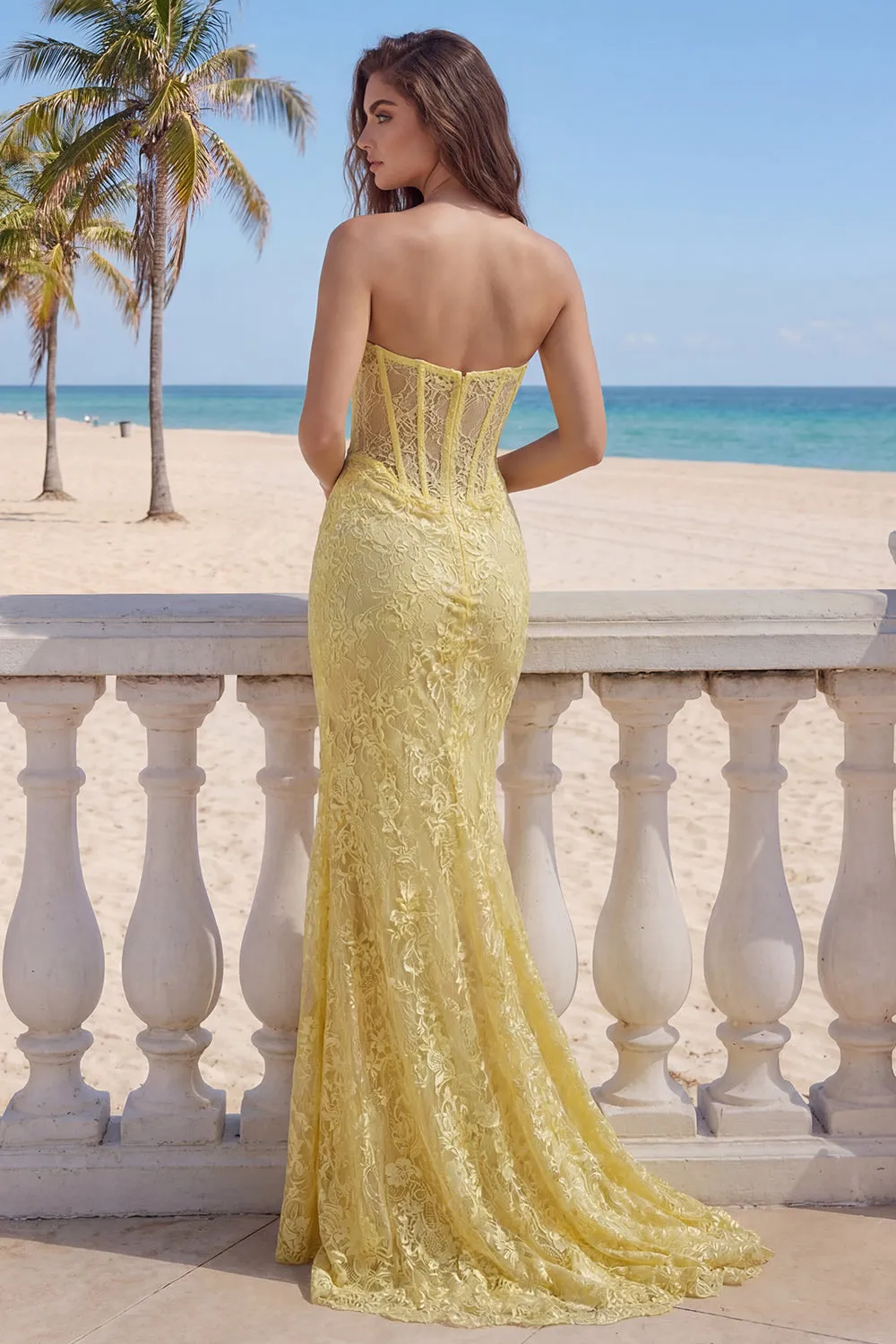 Lace Mermaid Yellow Sweetheart Corset Long Prom Dress with Slit sold by Zapaka product image thumbnail 2