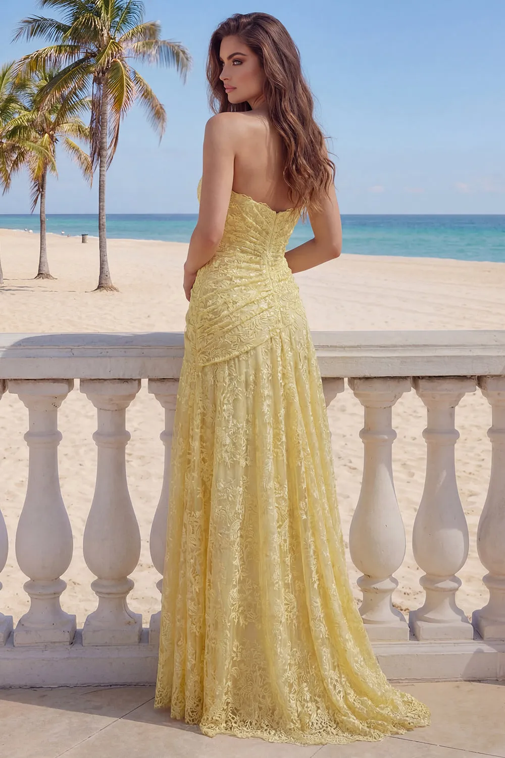 Lace A-Line Yellow Sweetheart Ruched Long Prom Dress sold by Zapaka product image thumbnail 2