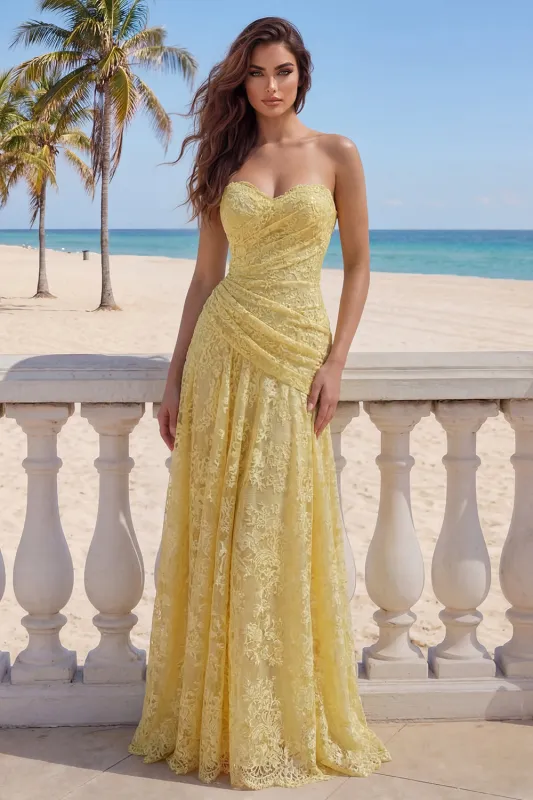 Lace A-Line Yellow Sweetheart Ruched Long Prom Dress made by Zapaka