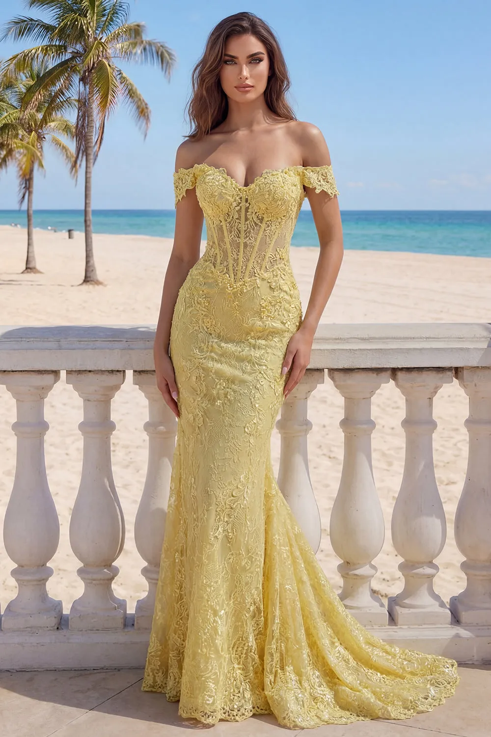 Yellow Lace Mermaid Off the Shoulder Corset Long Prom Dress sold by Zapaka