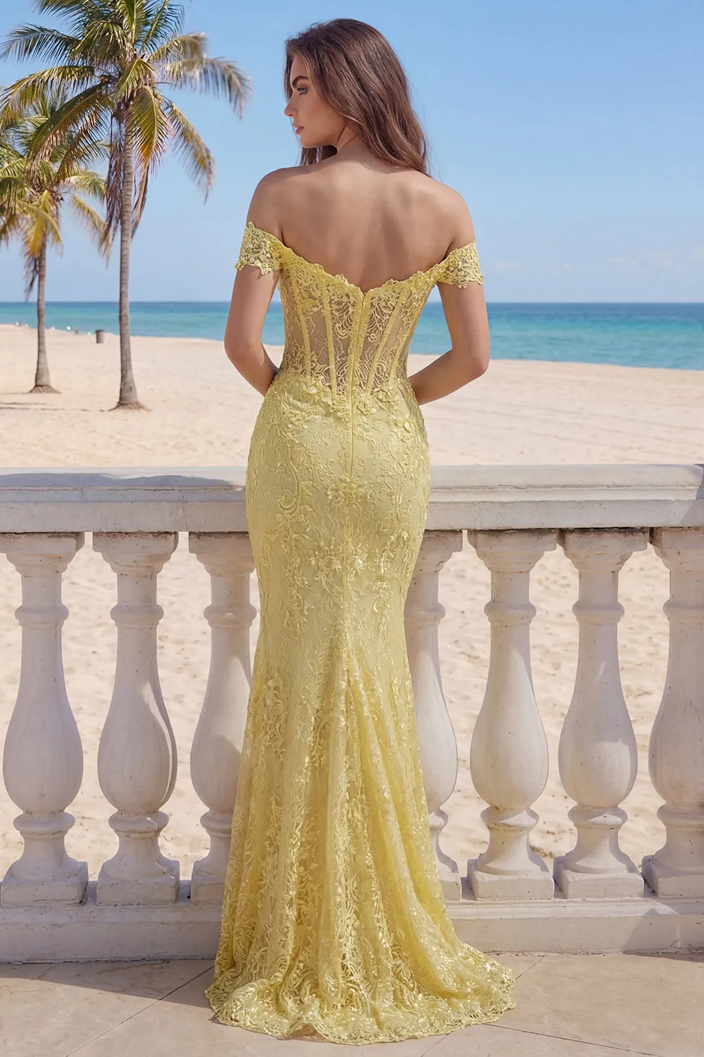Yellow Lace Mermaid Off the Shoulder Corset Long Prom Dress sold by Zapaka product image thumbnail 2