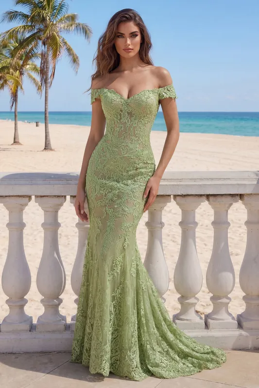 Mermaid Sage Green Off the Shoulder Lace Long Prom Dress made by Zapaka