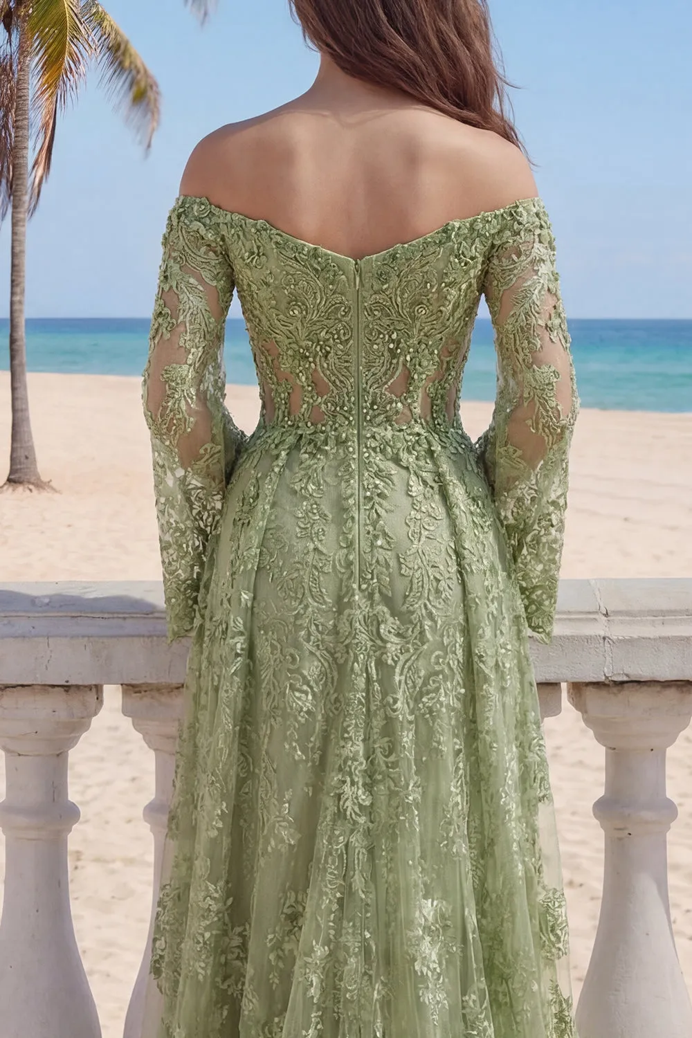 Lace Sage Green A-Line Off the Shoulder Beaded Long Prom Dress with Slit sold by Zapaka product image thumbnail 4