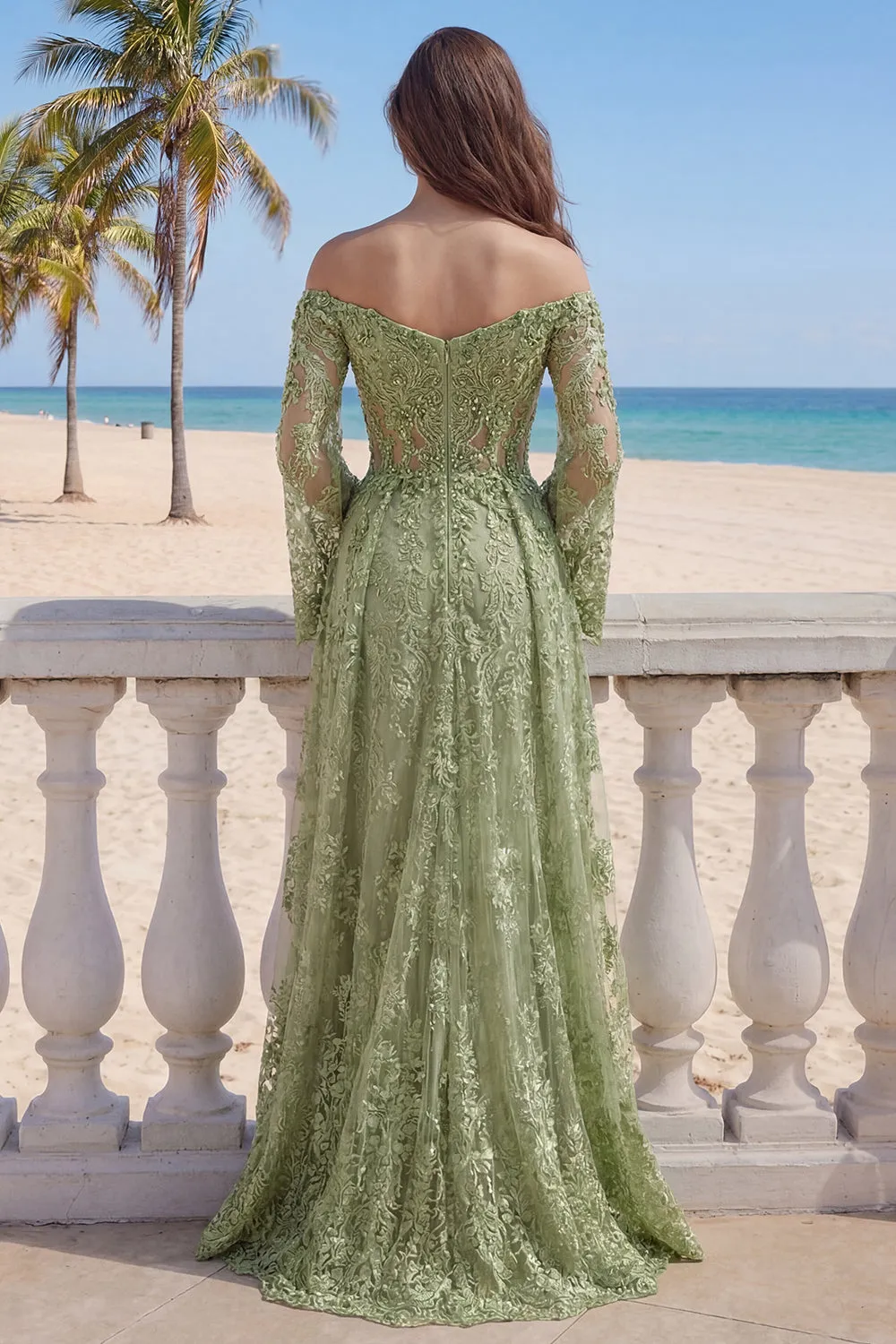 Lace Sage Green A-Line Off the Shoulder Beaded Long Prom Dress with Slit sold by Zapaka product image thumbnail 2
