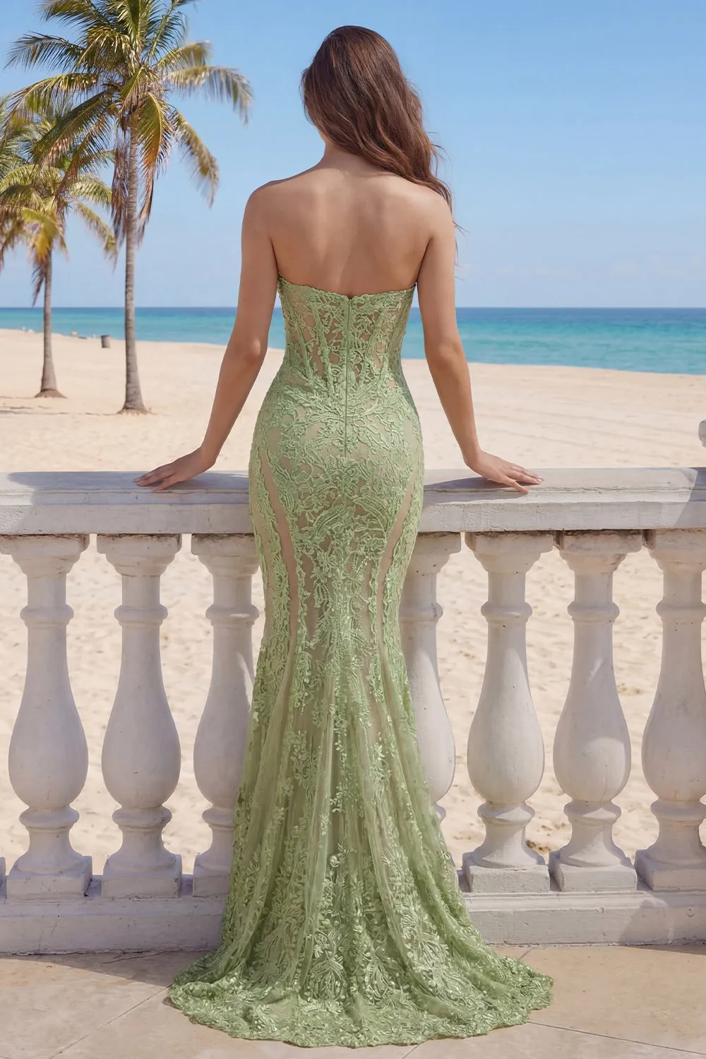 Lace Sage Green Mermaid Sweetheart Corset Long Prom Dress sold by Zapaka product image thumbnail 2