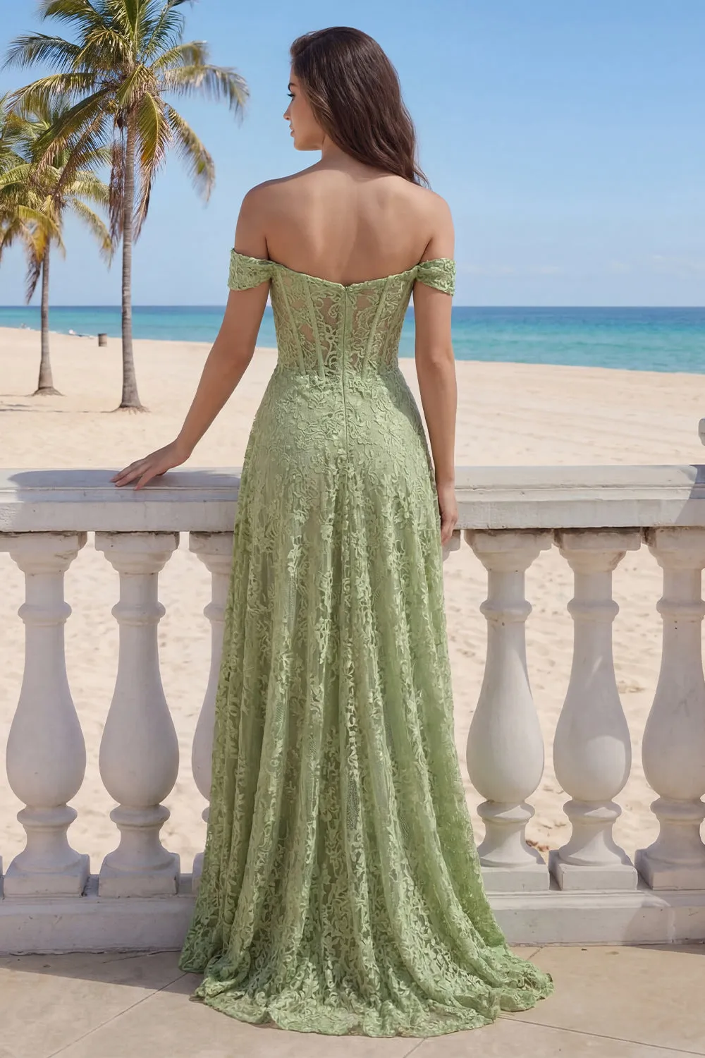 A-Line Sage Green Lace Off the Shoulder Corset Long Prom Dress with Slit sold by Zapaka product image thumbnail 2