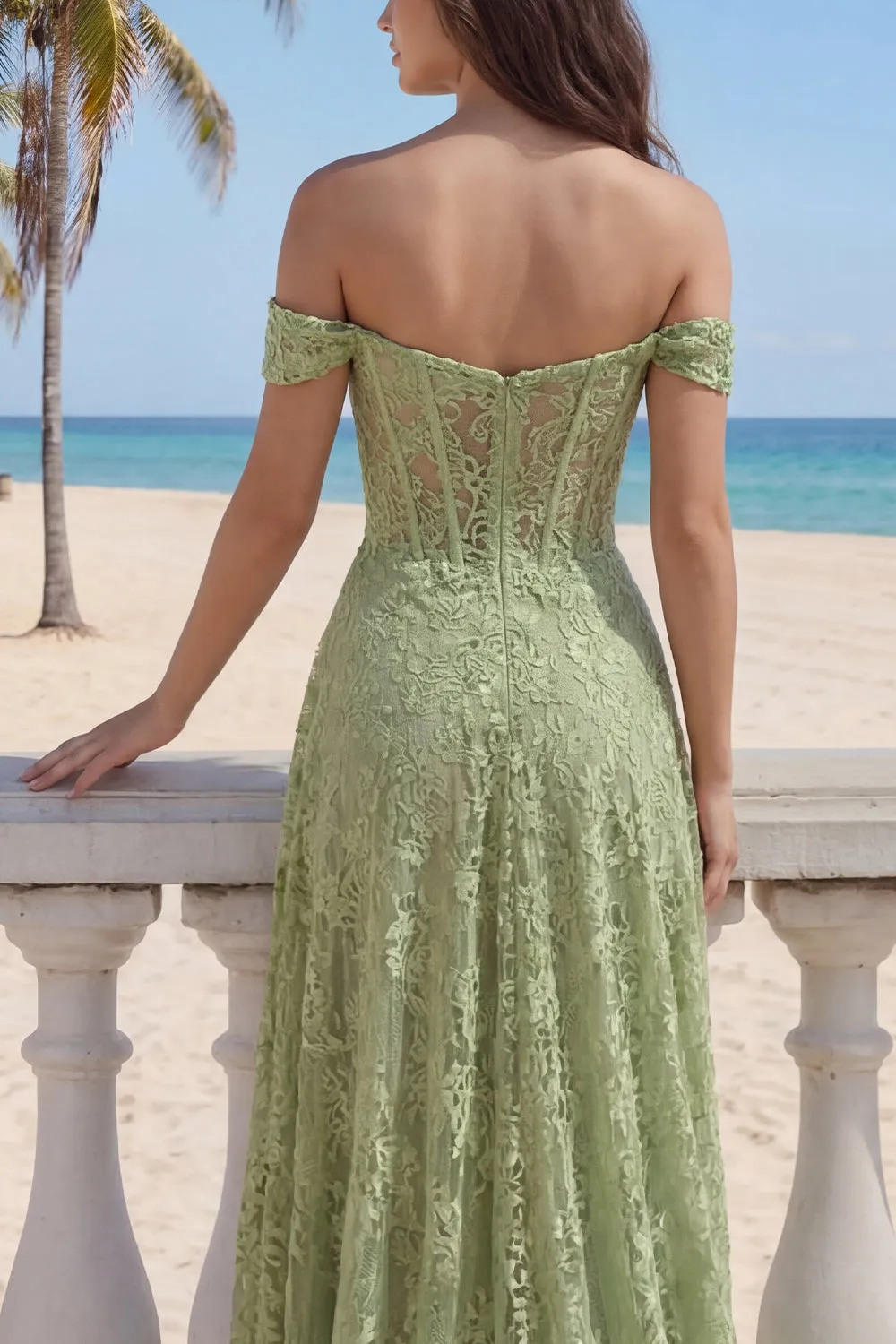 A-Line Sage Green Lace Off the Shoulder Corset Long Prom Dress with Slit sold by Zapaka product image thumbnail 4