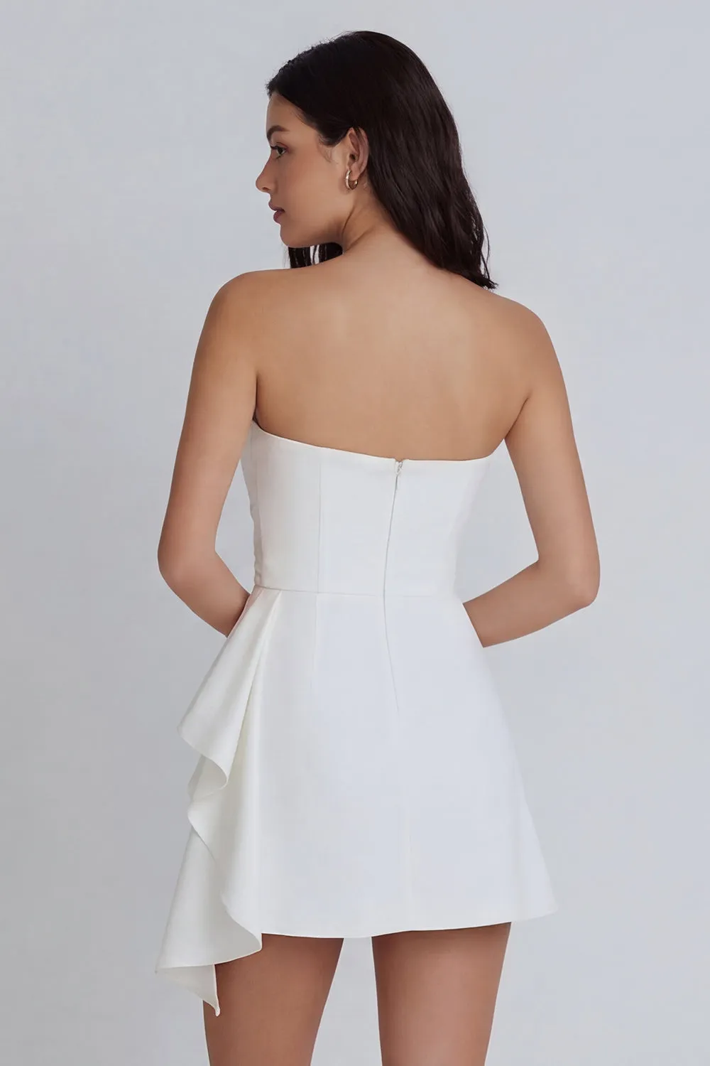 Ivory Strapless Bodycon Ruched Mini Dress with Ruffles sold by Zapaka product image thumbnail 2