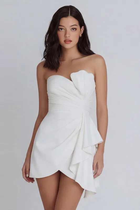 Ivory Strapless Bodycon Ruched Mini Dress with Ruffles made by Zapaka