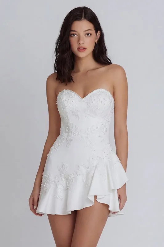 Ivory Sweetheart A-Line Appliqued Beaded Mini Dress with Ruffles made by Zapaka