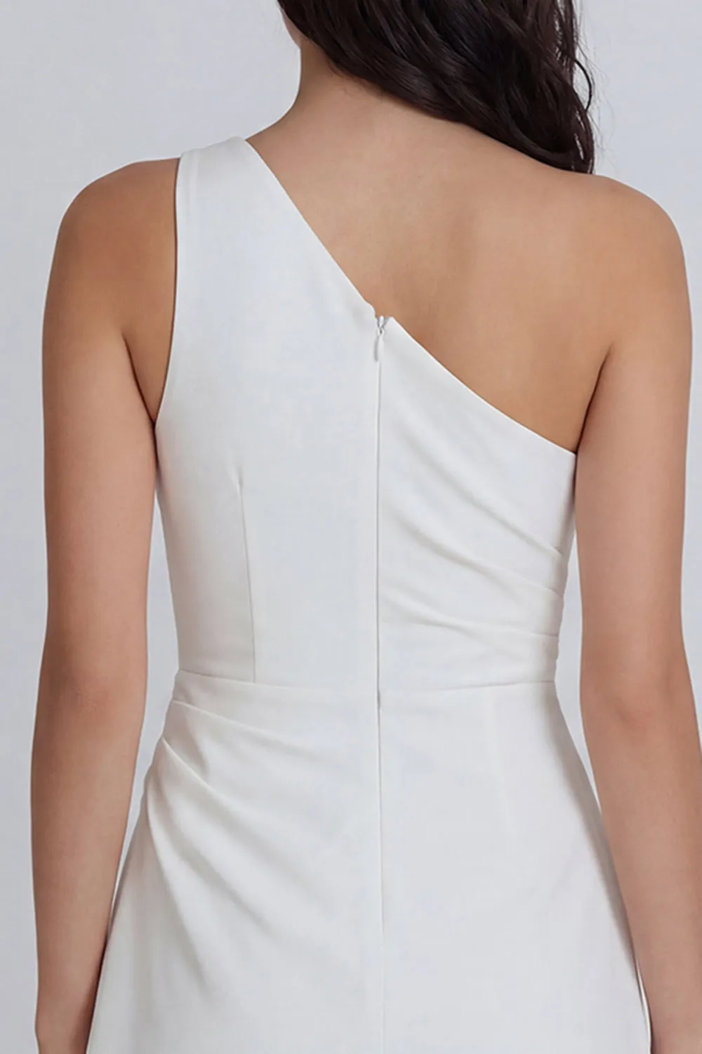 A-Line One Shoulder Ruched Little White Dress sold by Zapaka product image thumbnail 4