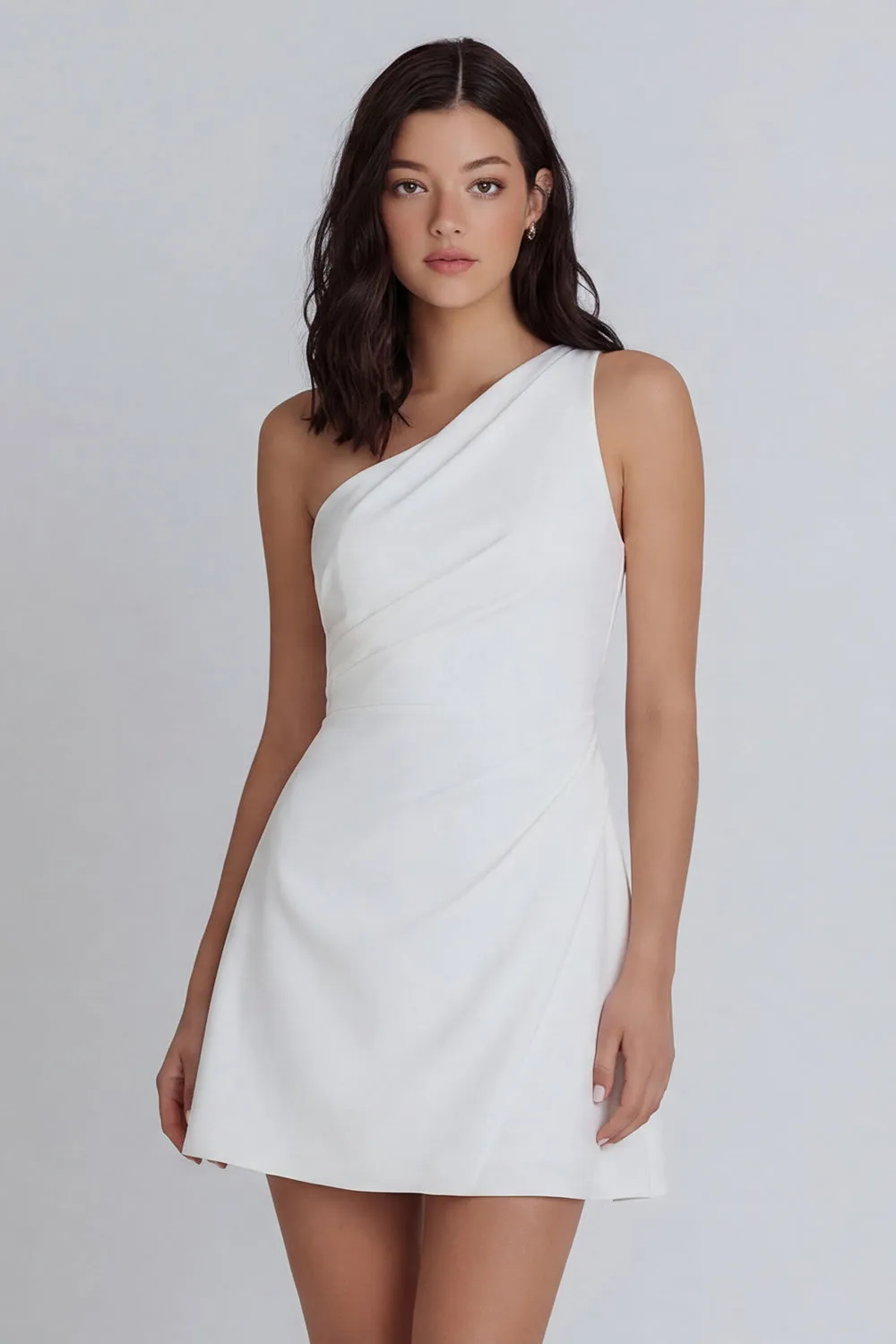 A-Line One Shoulder Ruched Little White Dress sold by Zapaka