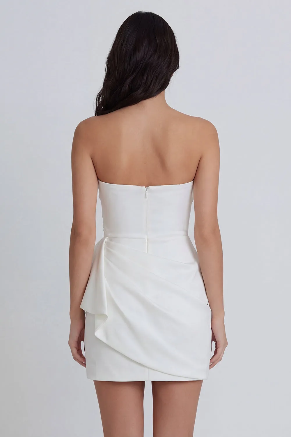 Satin Ivory Strapless Ruched Bodycon Mini Dress with Ruffles sold by Zapaka product image thumbnail 2