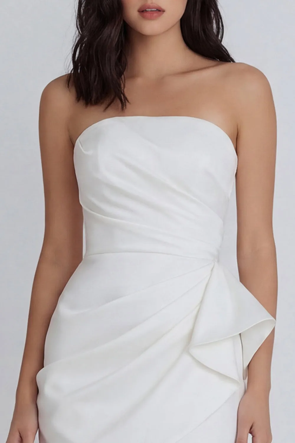 Satin Ivory Strapless Ruched Bodycon Mini Dress with Ruffles sold by Zapaka product image thumbnail 3