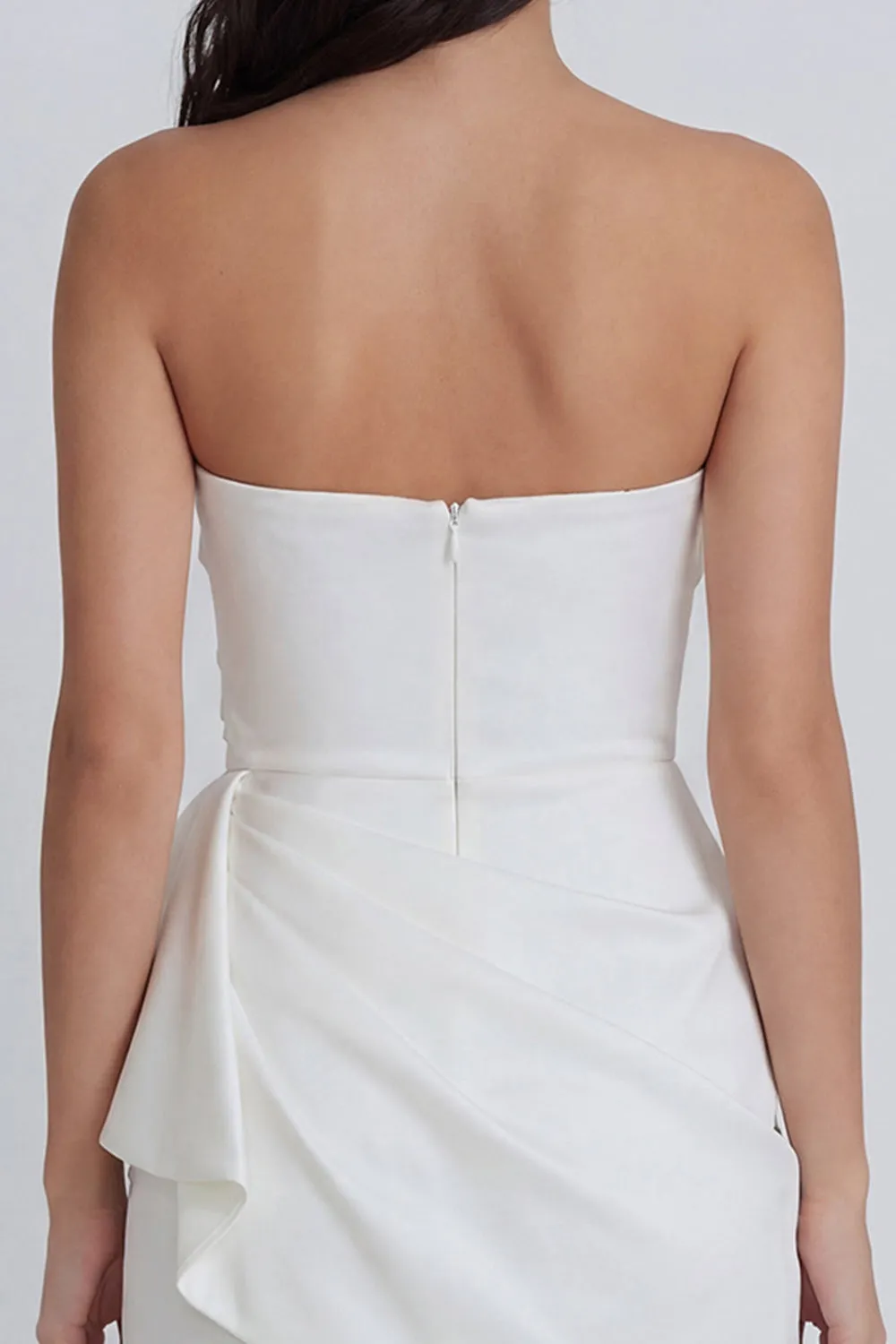 Satin Ivory Strapless Ruched Bodycon Mini Dress with Ruffles sold by Zapaka product image thumbnail 4