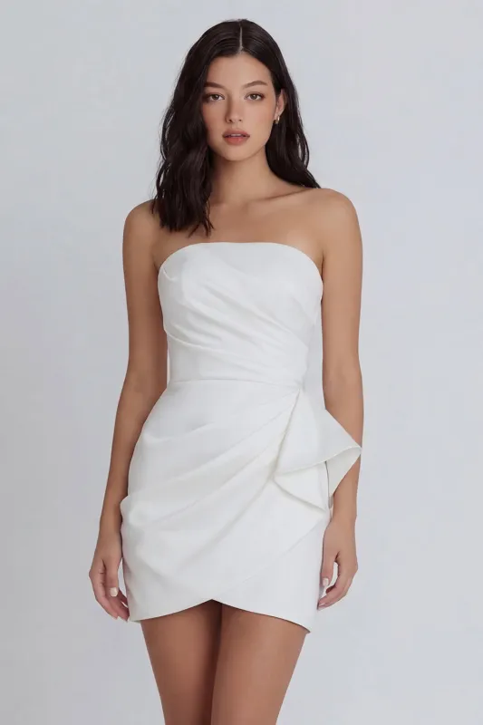 Satin Ivory Strapless Ruched Bodycon Mini Dress with Ruffles made by Zapaka