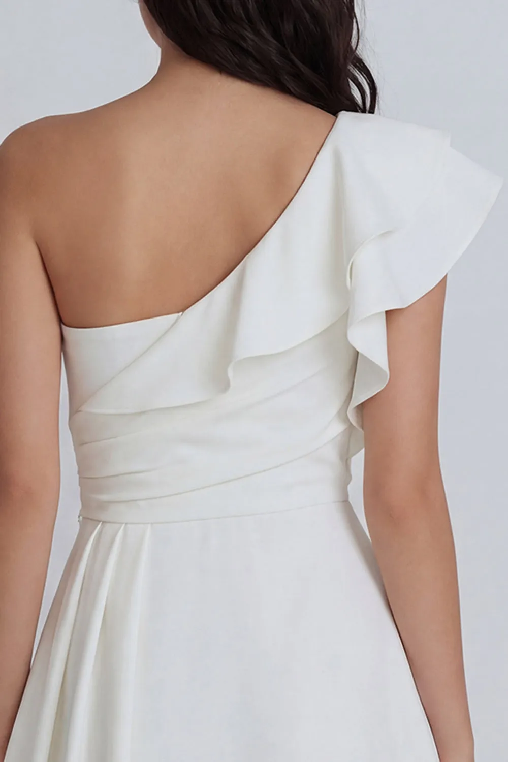 Ivory A-Line One Shoulder Ruched Mini Dress with Ruffles sold by Zapaka product image thumbnail 4