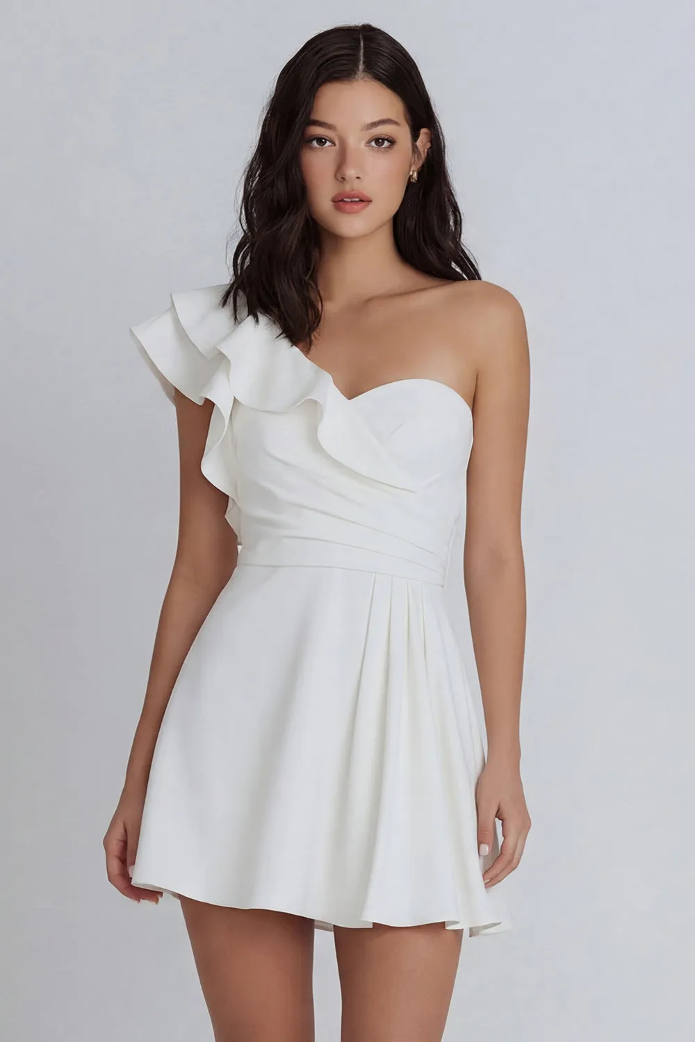 Ivory A-Line One Shoulder Ruched Mini Dress with Ruffles sold by Zapaka