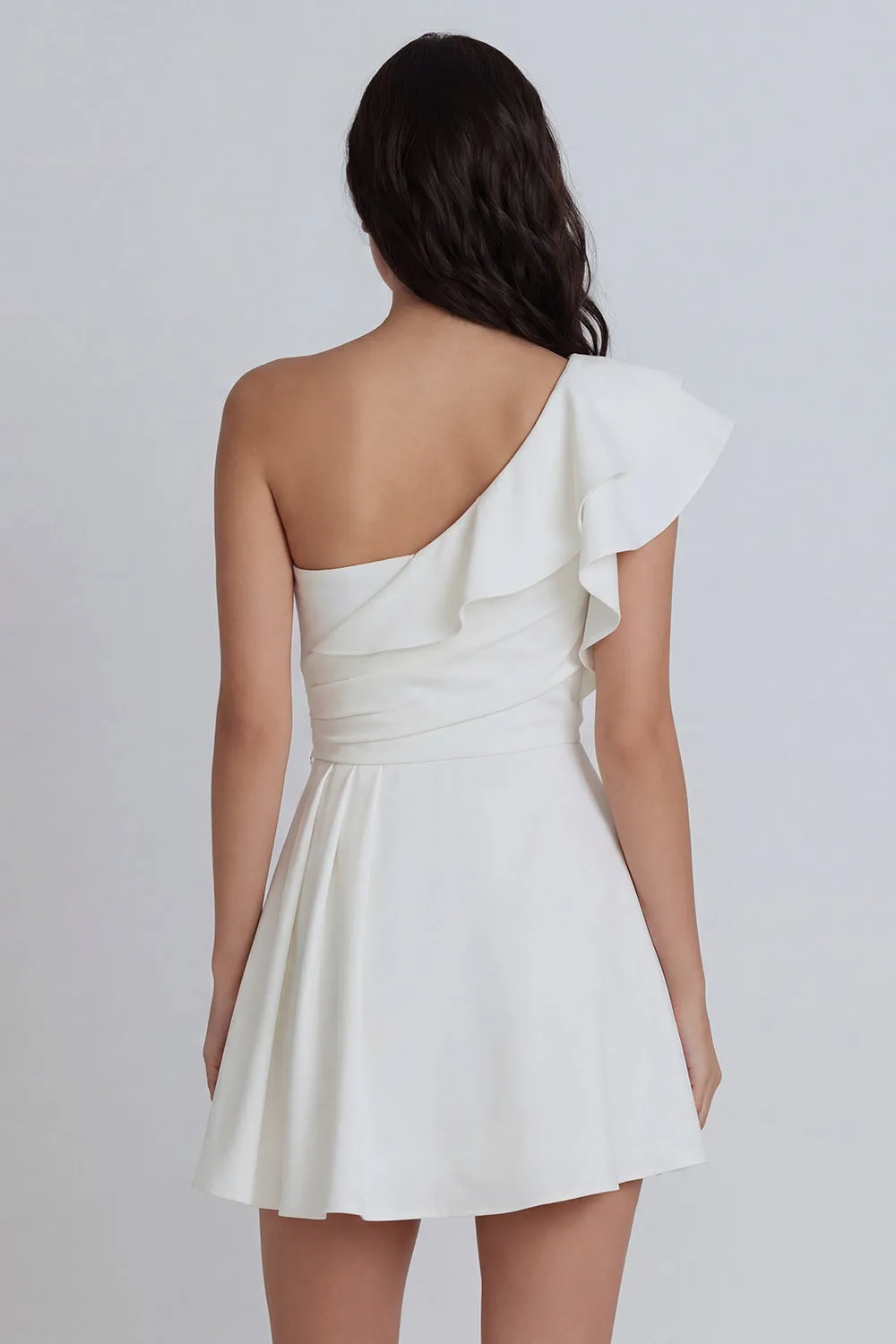 Ivory A-Line One Shoulder Ruched Mini Dress with Ruffles sold by Zapaka product image thumbnail 2