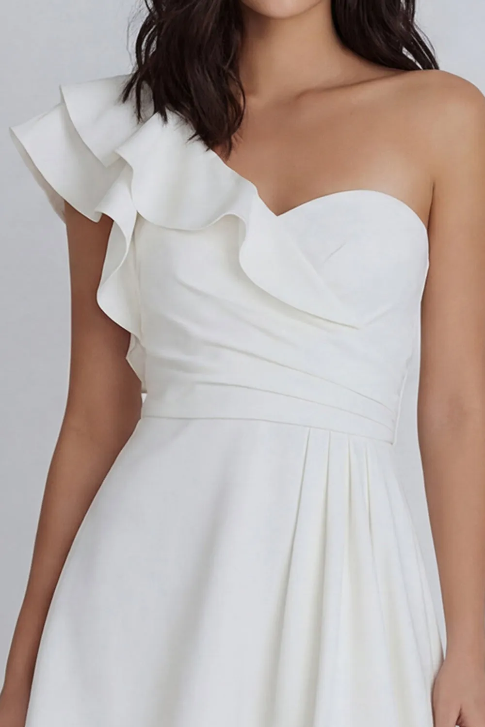 Ivory A-Line One Shoulder Ruched Mini Dress with Ruffles sold by Zapaka product image thumbnail 3