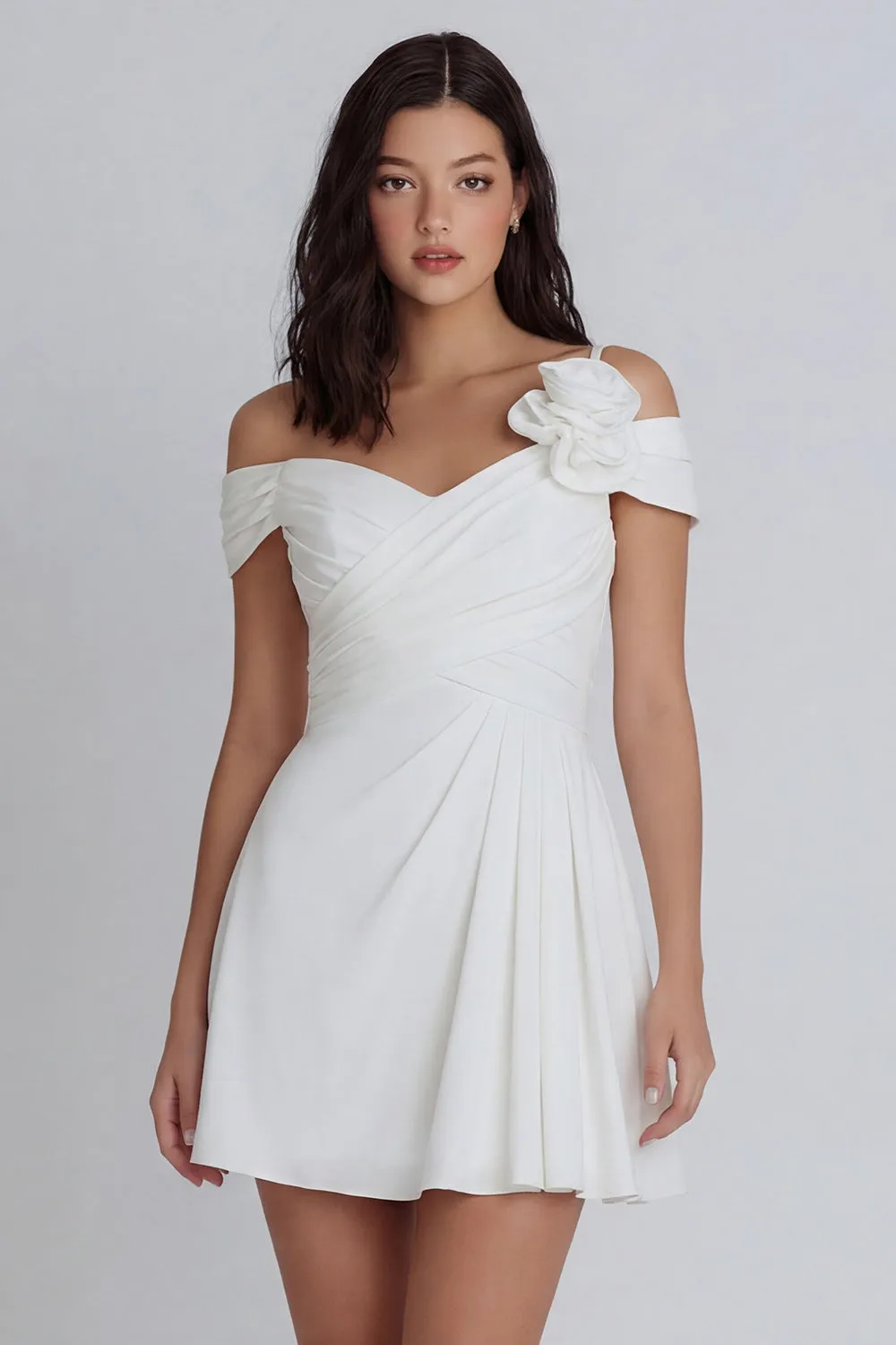 Ivory Cold Shoulder Ruched A-Line Mini Dress with 3D Flower sold by Zapaka