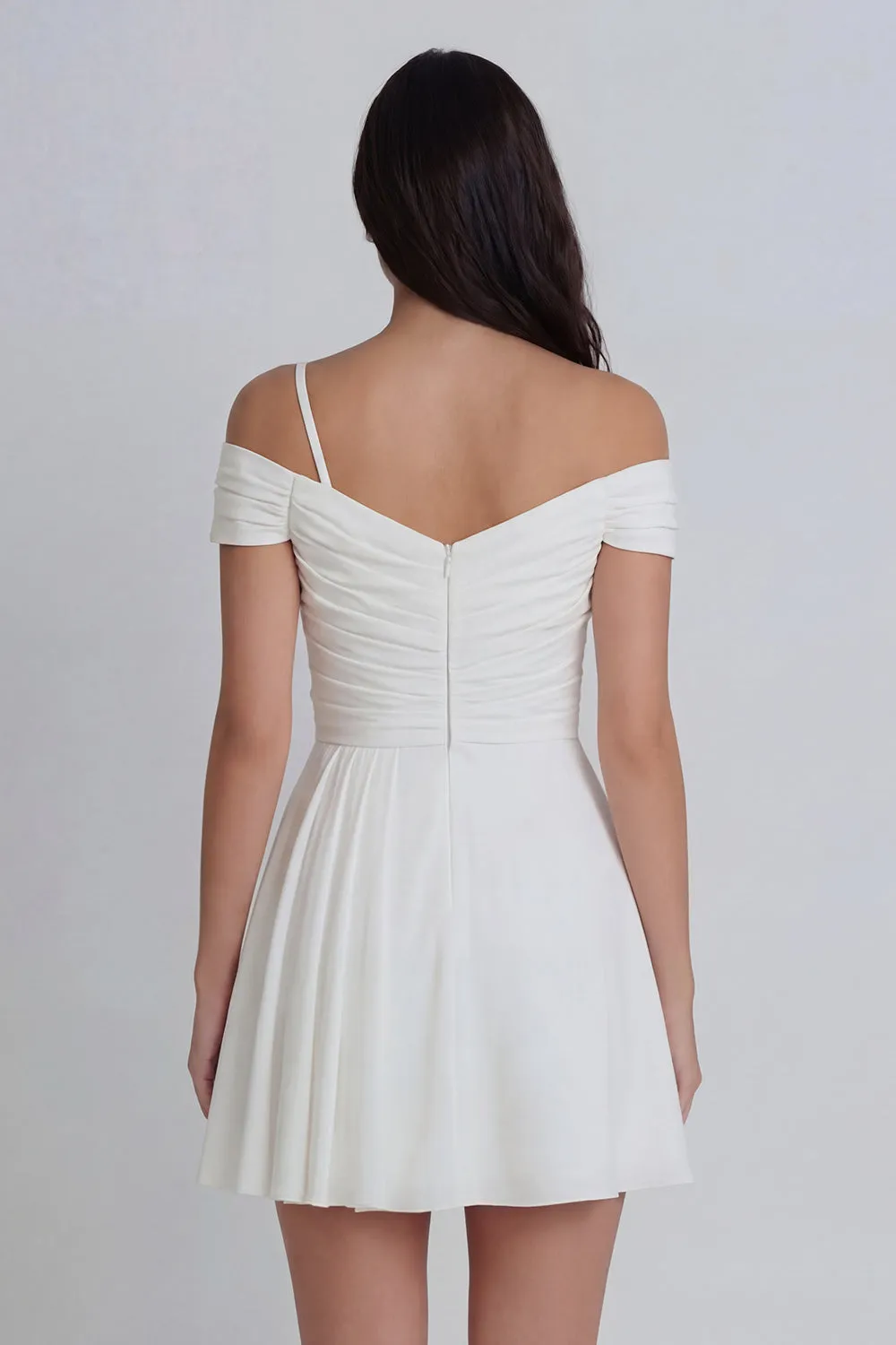 Ivory Cold Shoulder Ruched A-Line Mini Dress with 3D Flower sold by Zapaka product image thumbnail 2