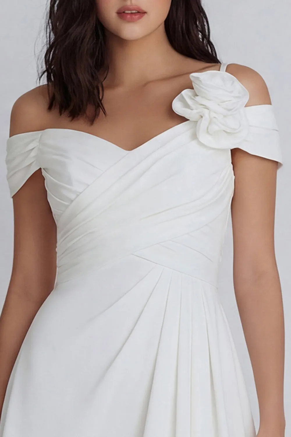 Ivory Cold Shoulder Ruched A-Line Mini Dress with 3D Flower sold by Zapaka product image thumbnail 3