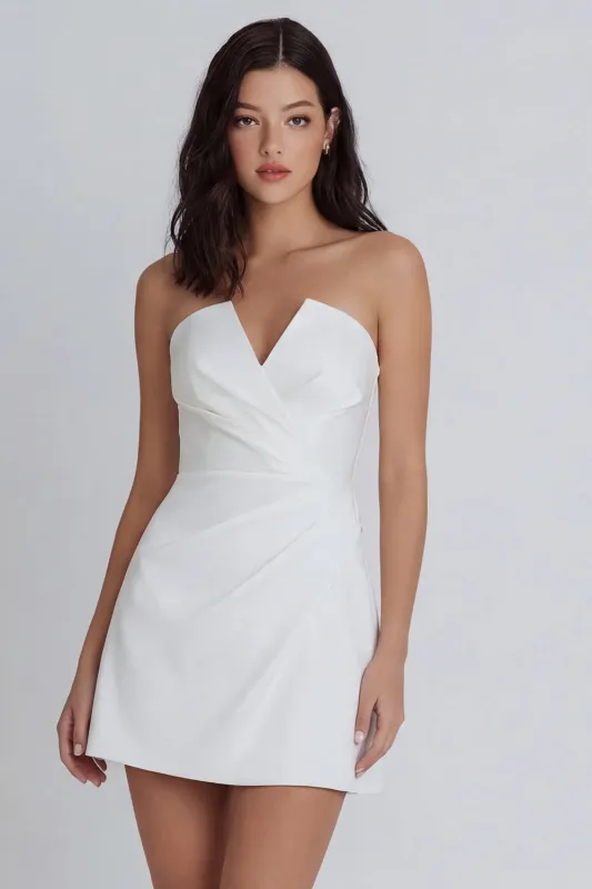 A-Line Strapless Ruched Little White Dress made by Zapaka