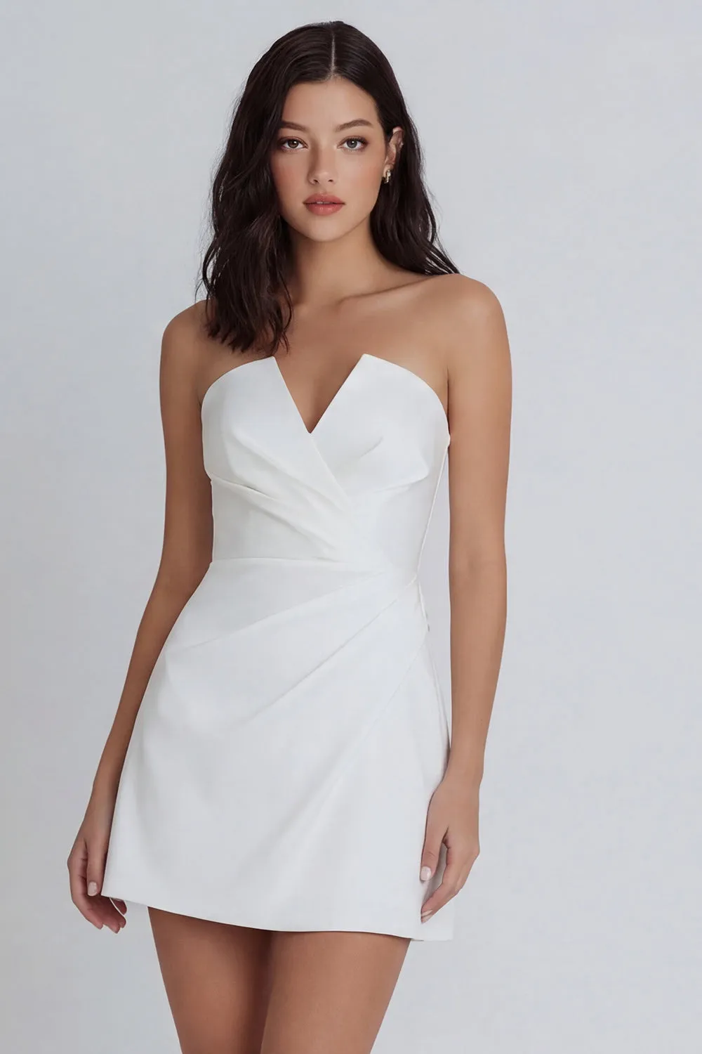 A-Line Strapless Ruched Little White Dress sold by Zapaka
