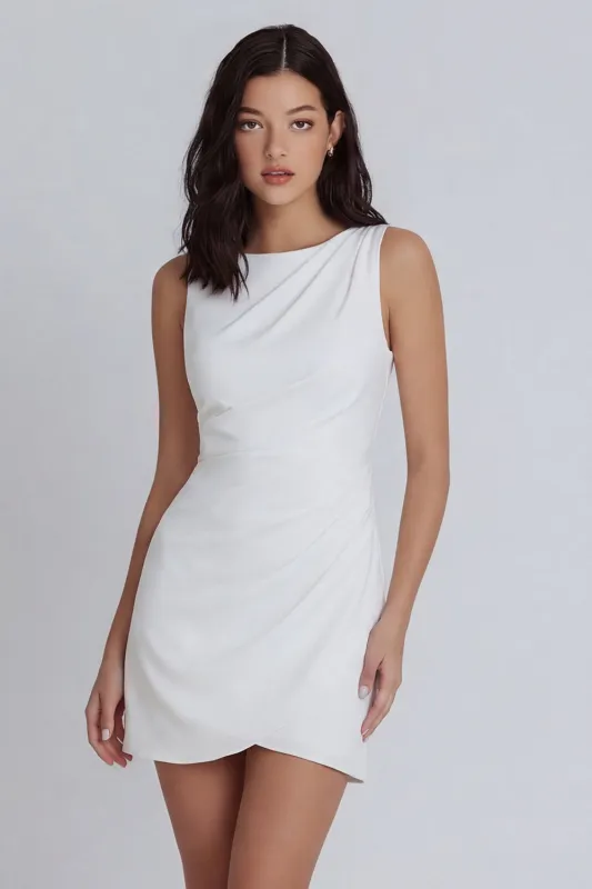 Ivory Bodycon Round Neck Ruched Mini Dress made by Zapaka