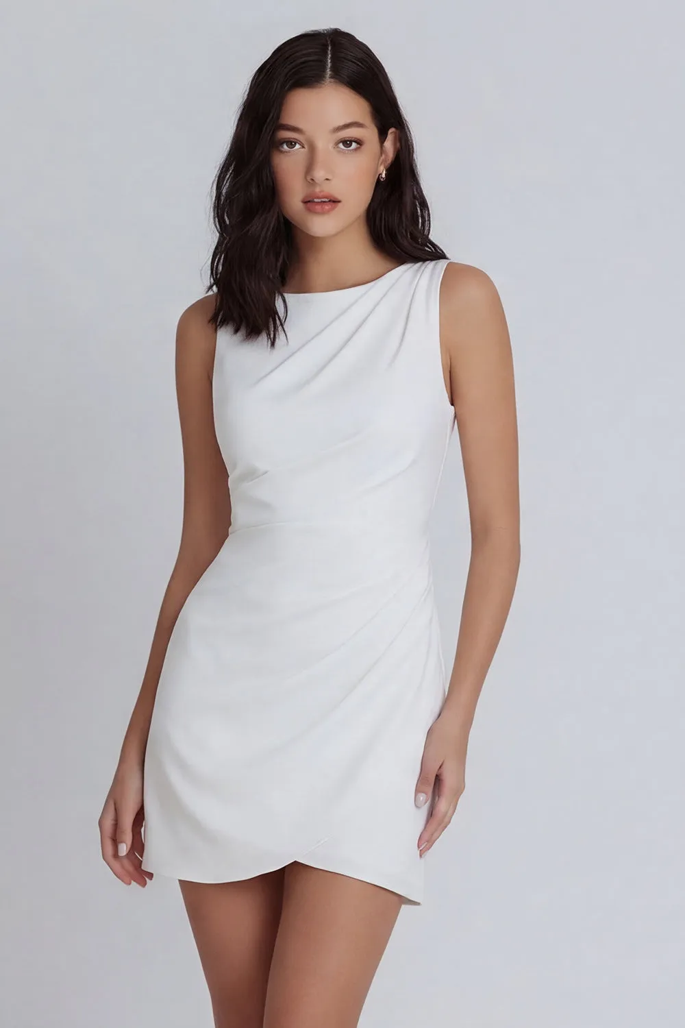 Ivory Bodycon Round Neck Ruched Mini Dress sold by Zapaka