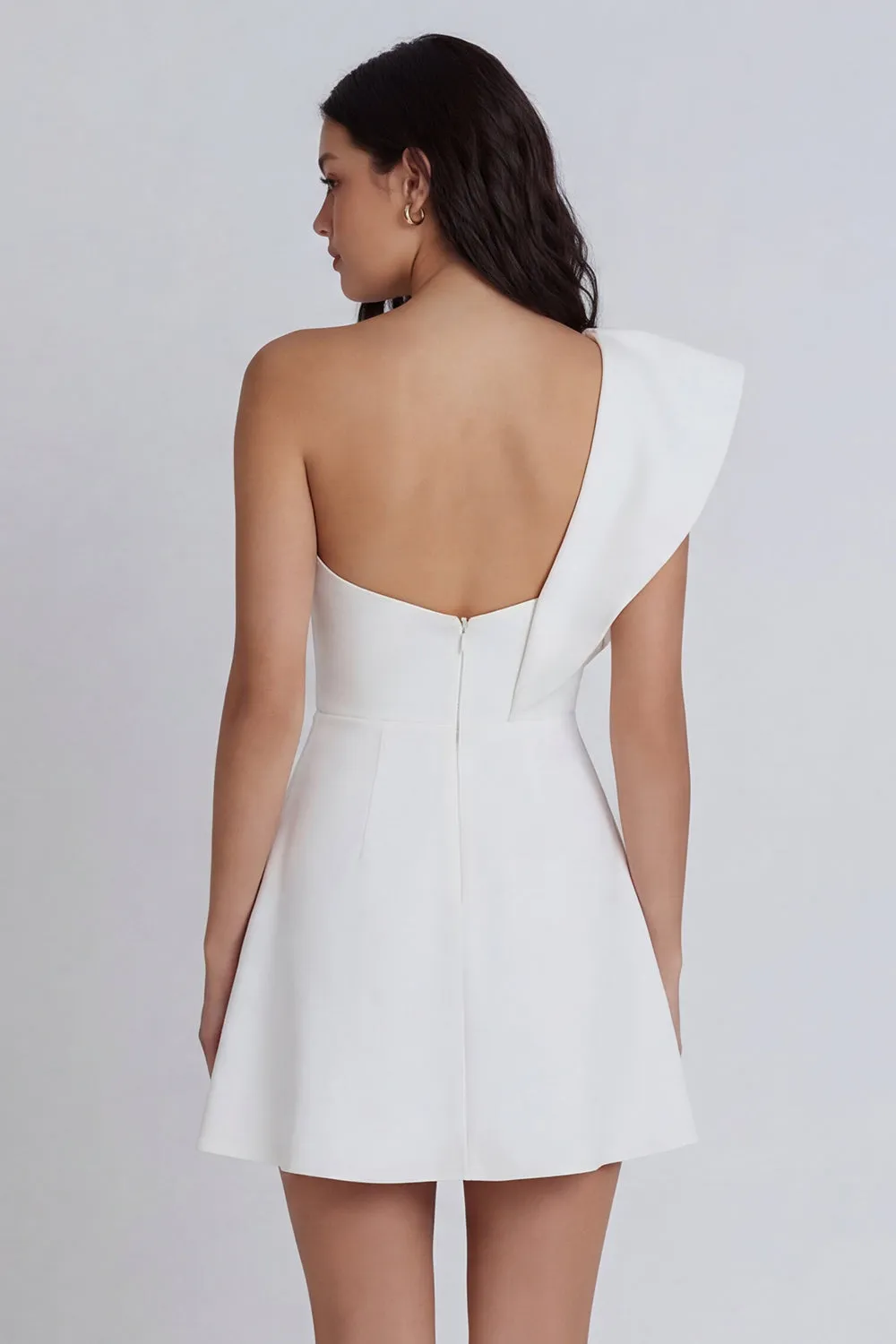 Ivory A-Line One Shoulder Ruffled Mini Dress with Slit sold by Zapaka product image thumbnail 2