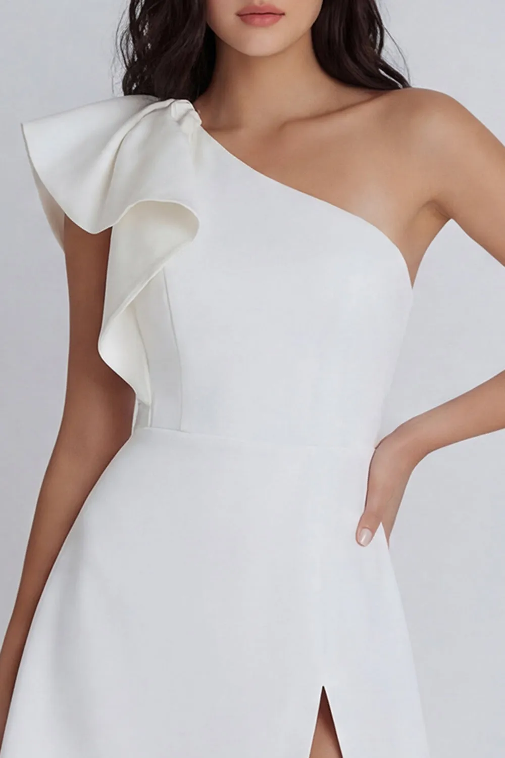 Ivory A-Line One Shoulder Ruffled Mini Dress with Slit sold by Zapaka product image thumbnail 3