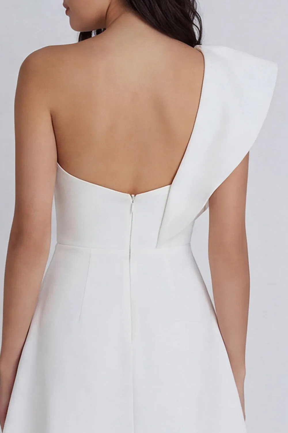 Ivory A-Line One Shoulder Ruffled Mini Dress with Slit sold by Zapaka product image thumbnail 4