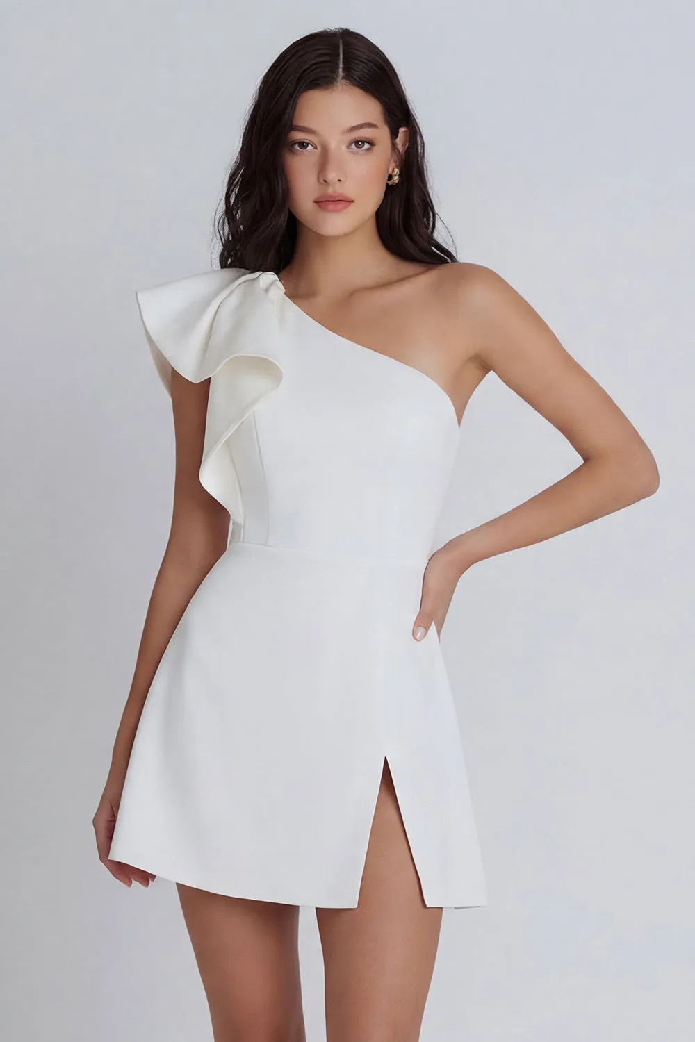 Ivory A-Line One Shoulder Ruffled Mini Dress with Slit sold by Zapaka