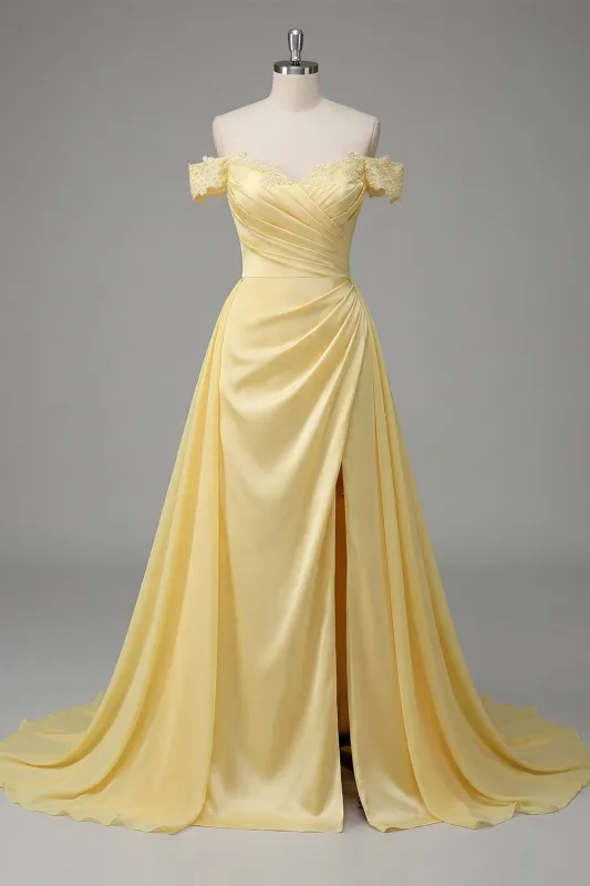 Butter Yellow A-Line Off the Shoulder Ruched Maxi Dress with Slit made by Zapaka