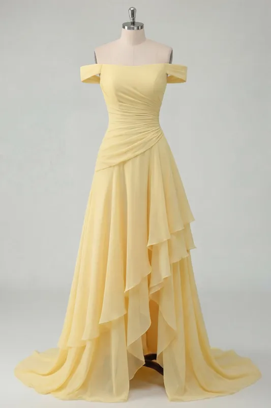 Off the Shoulder Chiffon Butter Yellow A-Line Ruched Maxi Dress with Slit made by Zapaka