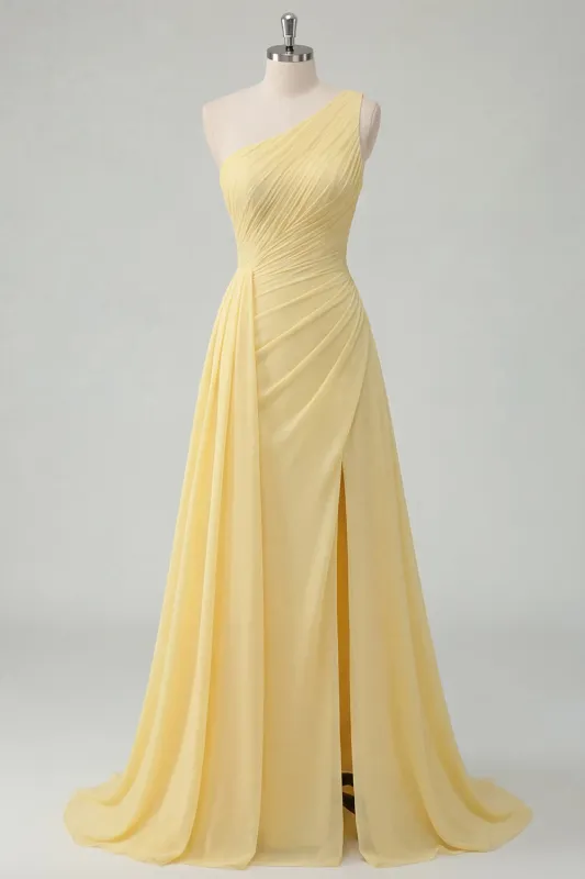 Butter Yellow A-Line One Shoulder Chiffon Ruched Maxi Dress with Slit made by Zapaka