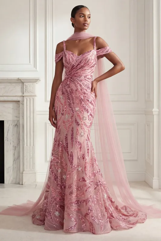 Sparkly Mermaid Tulle Cold Shoulder Pink Sequins Long Prom Dress with Neck Scarf made by Zapaka